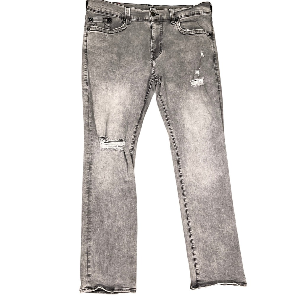 True Religion Ricky‎ Jeans Mens 38 Gray Acid Distressed Relaxed Straight Denim